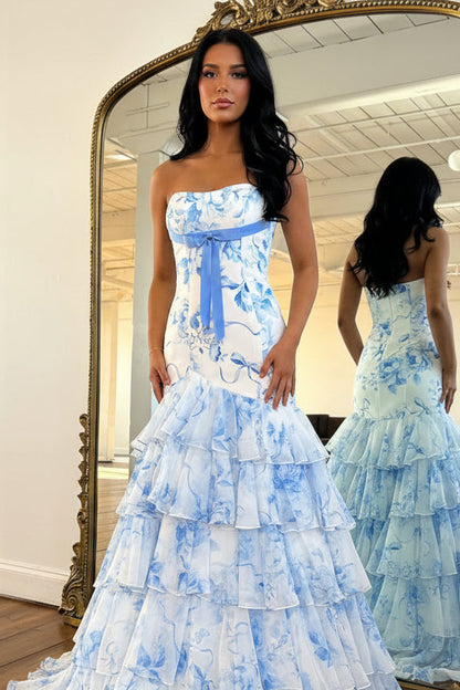 Mermaid Strapless White Blue Floral Tiered Chiffon Prom Dress