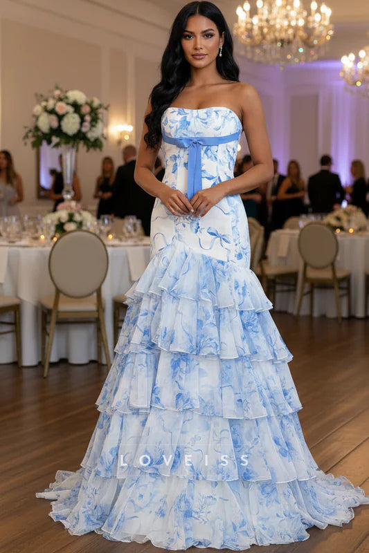 Mermaid Strapless White Blue Floral Tiered Chiffon Prom Dress