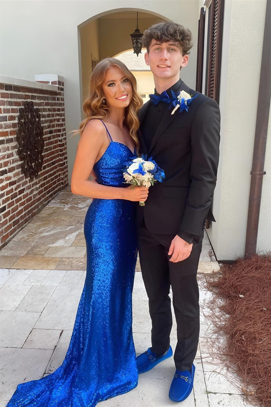 Royal Blue Spaghetti Straps Sequins Cut-Out Long Prom Dress with Slit