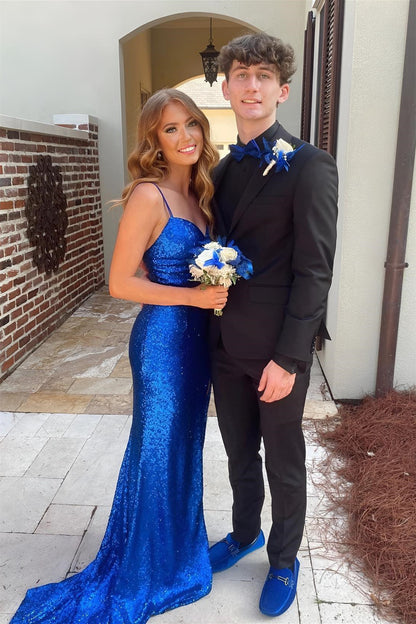 Royal Blue Spaghetti Straps Sequins Cut-Out Long Prom Dress with Slit