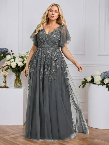 A-line V-Neck Floor-Length Tulle Lace Evening Dress With Sequins