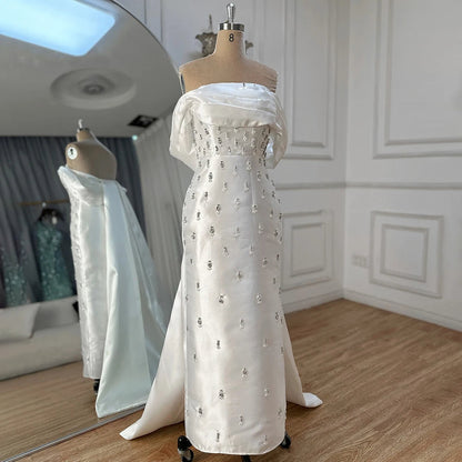 Blue Beaded Crystal Ankle-Length Mermaid Satin Evening Dress Gown for Party