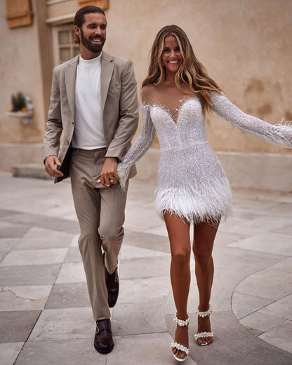 Beaded and sparkly feather mini dress. Custom short wedding dress, tailored to bride's measurements.