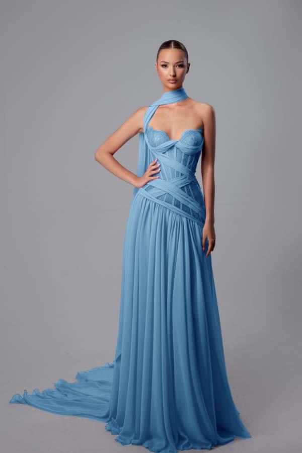 Lussooy Elegant Sleeveless Sweetheart Chiffon Pleated Prom Dress with Shawl