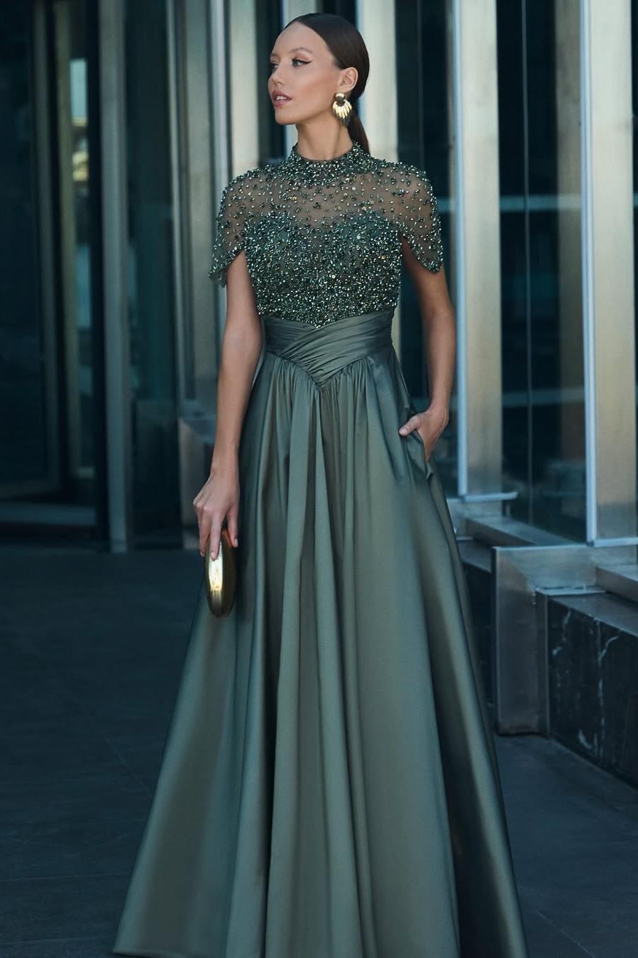 High Neck Short Sleeves Long Prom Dress With Beading Pockets