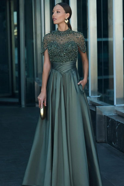High Neck Short Sleeves Long Prom Dress With Beading Pockets