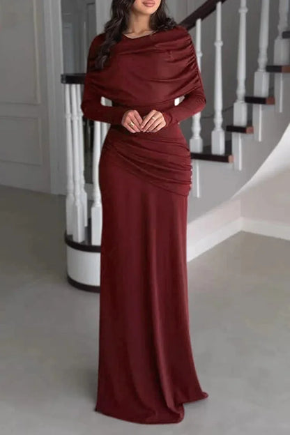 Patchwork Round Neck Long Sleeve Ruched Slim Fit Maxi Dresses