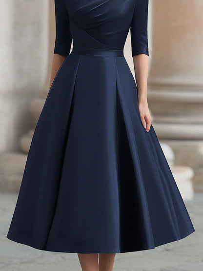 Elegant Plain Boat Collar Pleated Midi Dress