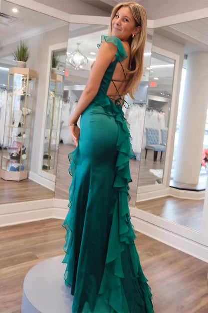 Charming Mermaid Square Neck Green Long Prom Dress with Ruffles
