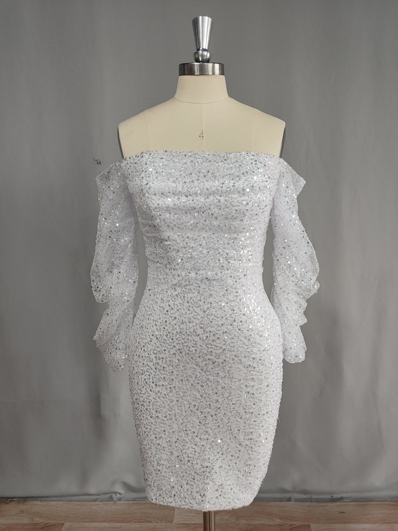 Mini wedding dresses, Shiney fitted white short bridal dress, Beaded Engagement Bridal dress, Long Sheer Sleeves white dress