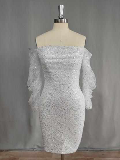 Mini wedding dresses, Shiney fitted white short bridal dress, Beaded Engagement Bridal dress, Long Sheer Sleeves white dress