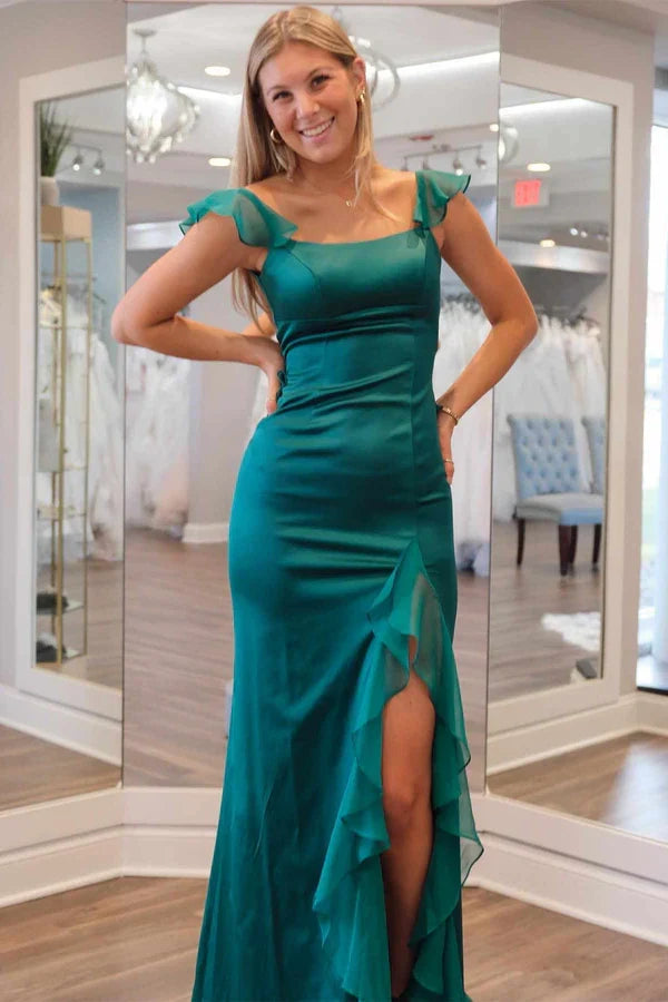 Charming Mermaid Square Neck Green Long Prom Dress with Ruffles
