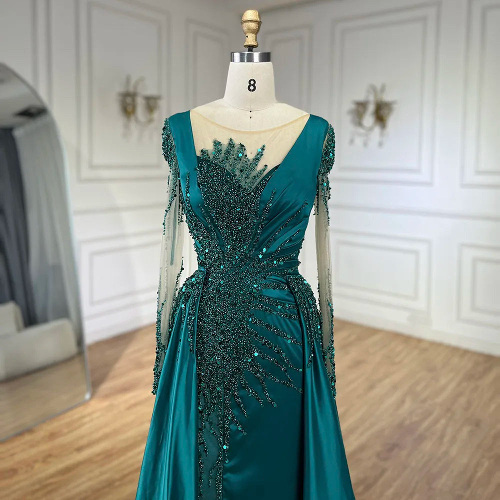 Luxury Dubai Green Mermaid Lace Beaded Satin Evening Dresses Formal Gowns