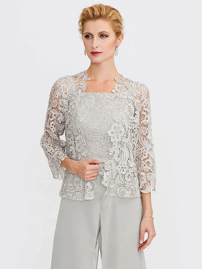 3 Piece Chiffon Square Neck Mother of the Bride Pantsuits with Jacket