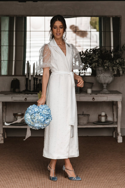 Tea Length Soft Satin Wedding Dresses Puffy Dot Tulle ZW971