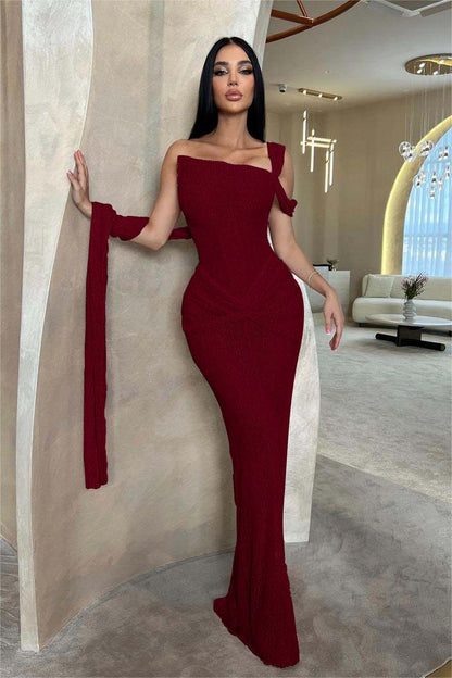 Lussooy Sage Shinning One Shoulder Sequins Sleeveless Split Prom Dress with Pleated