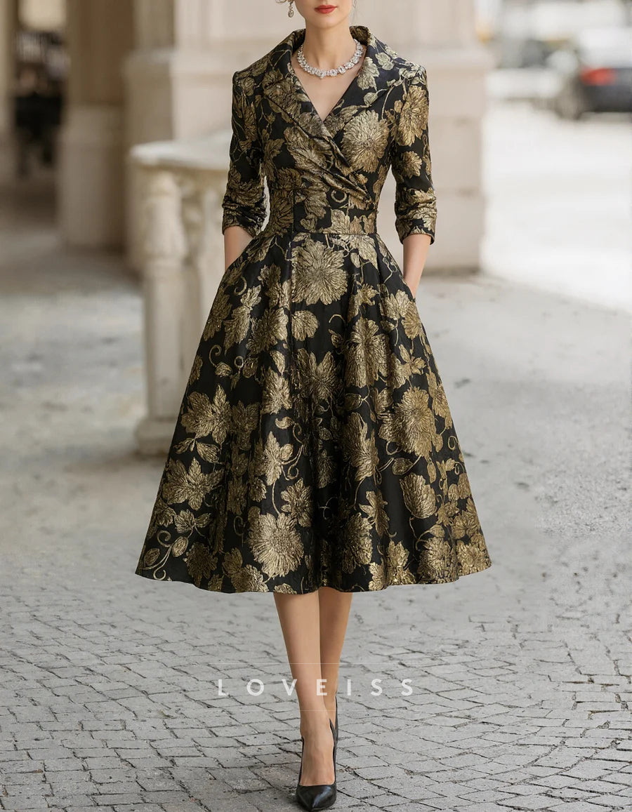 Black & Gold Jacquard Floral Midi Dress – Loveiss