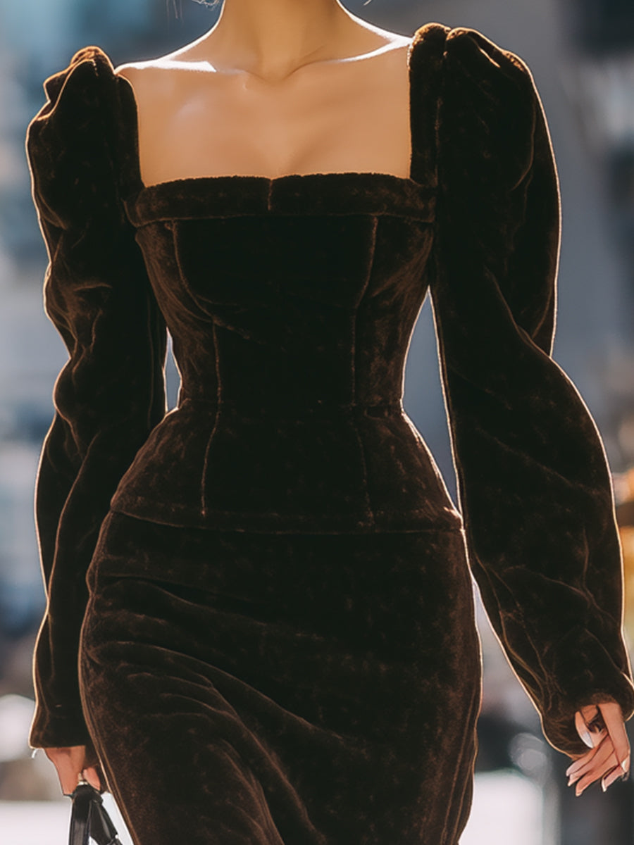 Chocolate Velvet Long Puff-Sleeve Midi Dress