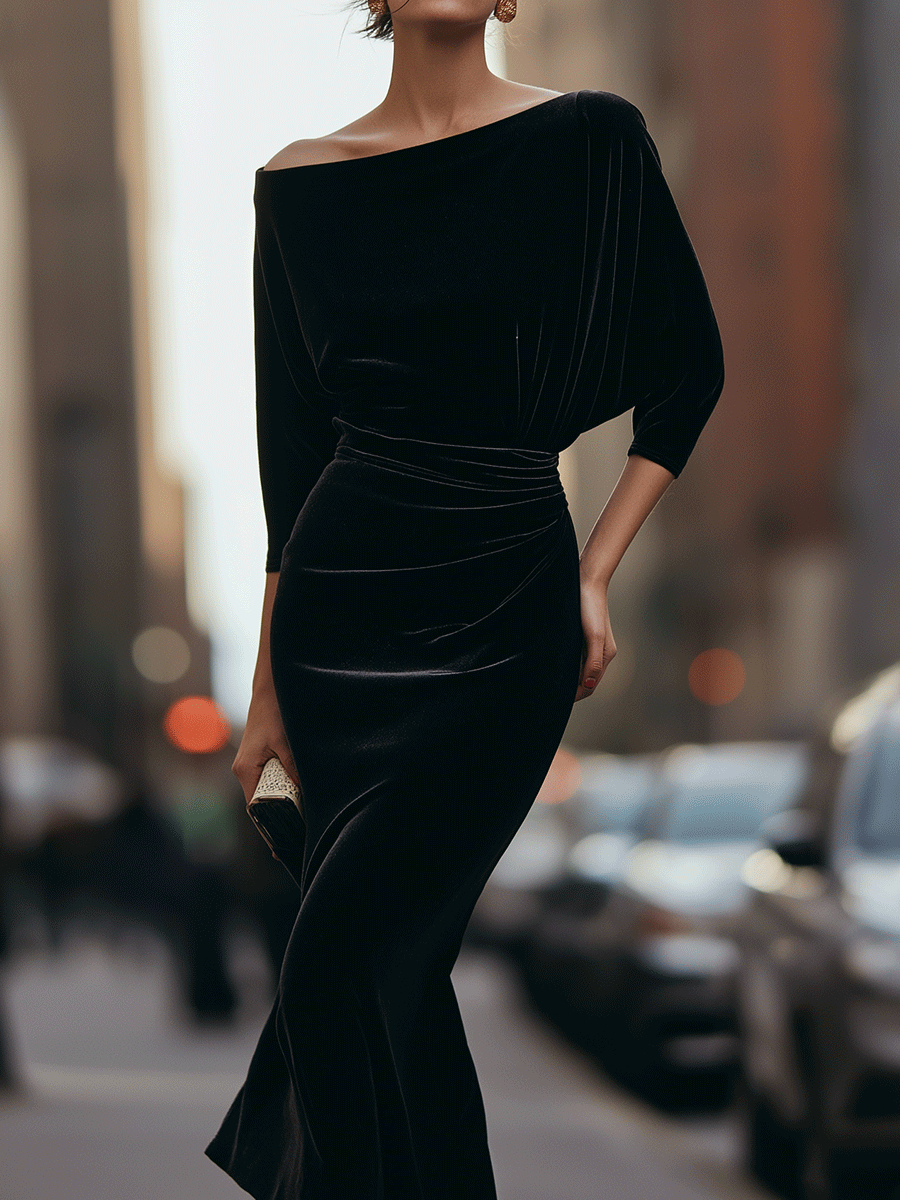 Black Off-Shoulder Velvet Dress With Draped Detail
