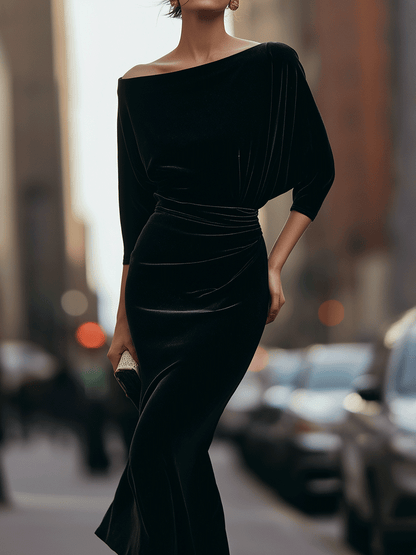 Black Off-Shoulder Velvet Dress With Draped Detail