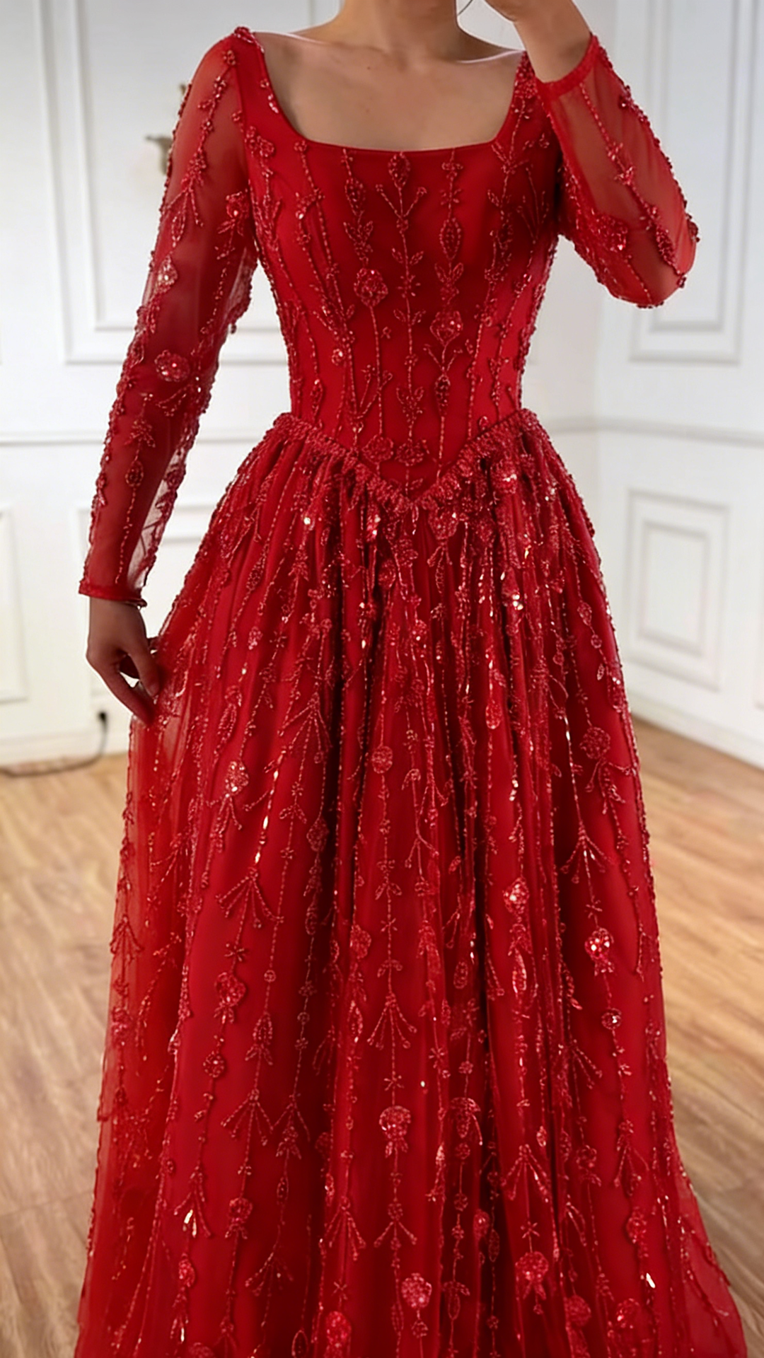 Scoop Long Sleeves Beaded Embroidery A-Line Prom Dress