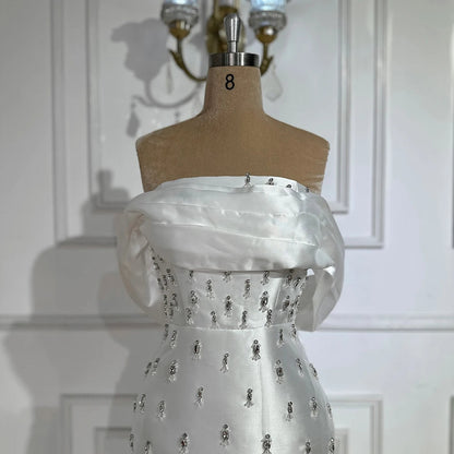 Blue Beaded Crystal Ankle-Length Mermaid Satin Evening Dress Gown for Party