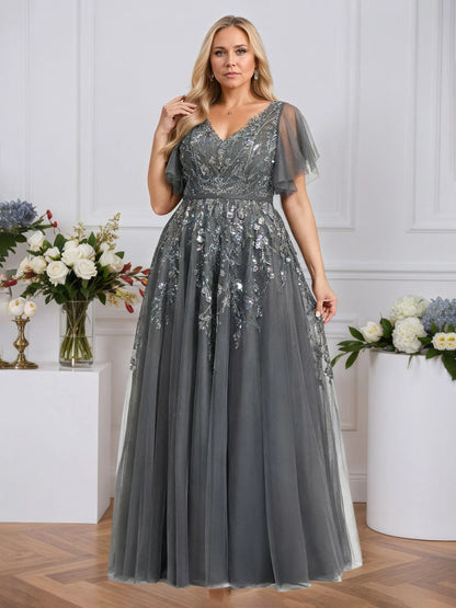 A-line V-Neck Floor-Length Tulle Lace Evening Dress With Sequins