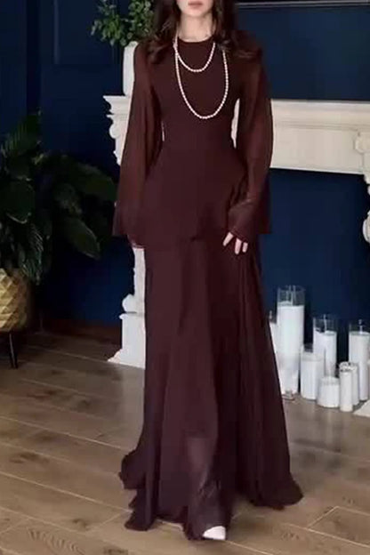 Round Neck Long Sleeve Ruffle Trim Lace Up Solid Color Maxi Dresses