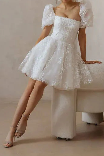 Lace Mini Short Wedding Dresses Lace Up Puffy Puff Sleeves Square Neck Bridal Party Gowns