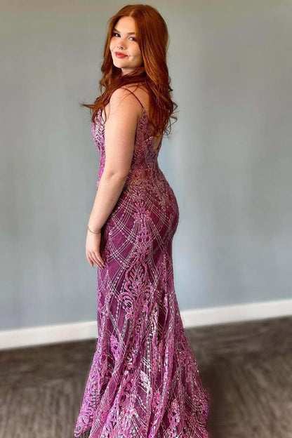 Stunning Purple V Neck Spaghetti Straps Appliques Mermaid Long Prom Dress