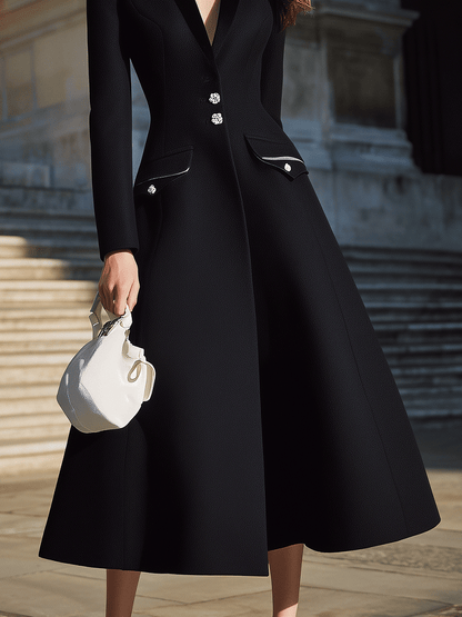 Black Tailored Coat Dress With Crystal Buttons
