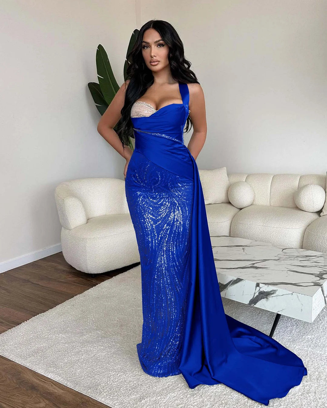 Elegant One Shoulder Mermaid Sequins Evening Dress Ball Gown With Ruffles