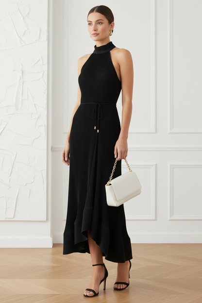 Halter Pleated Midi Dress
