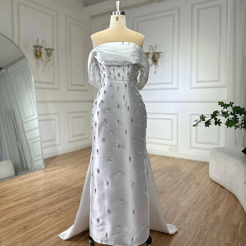 Blue Beaded Crystal Ankle-Length Mermaid Satin Evening Dress Gown for Party