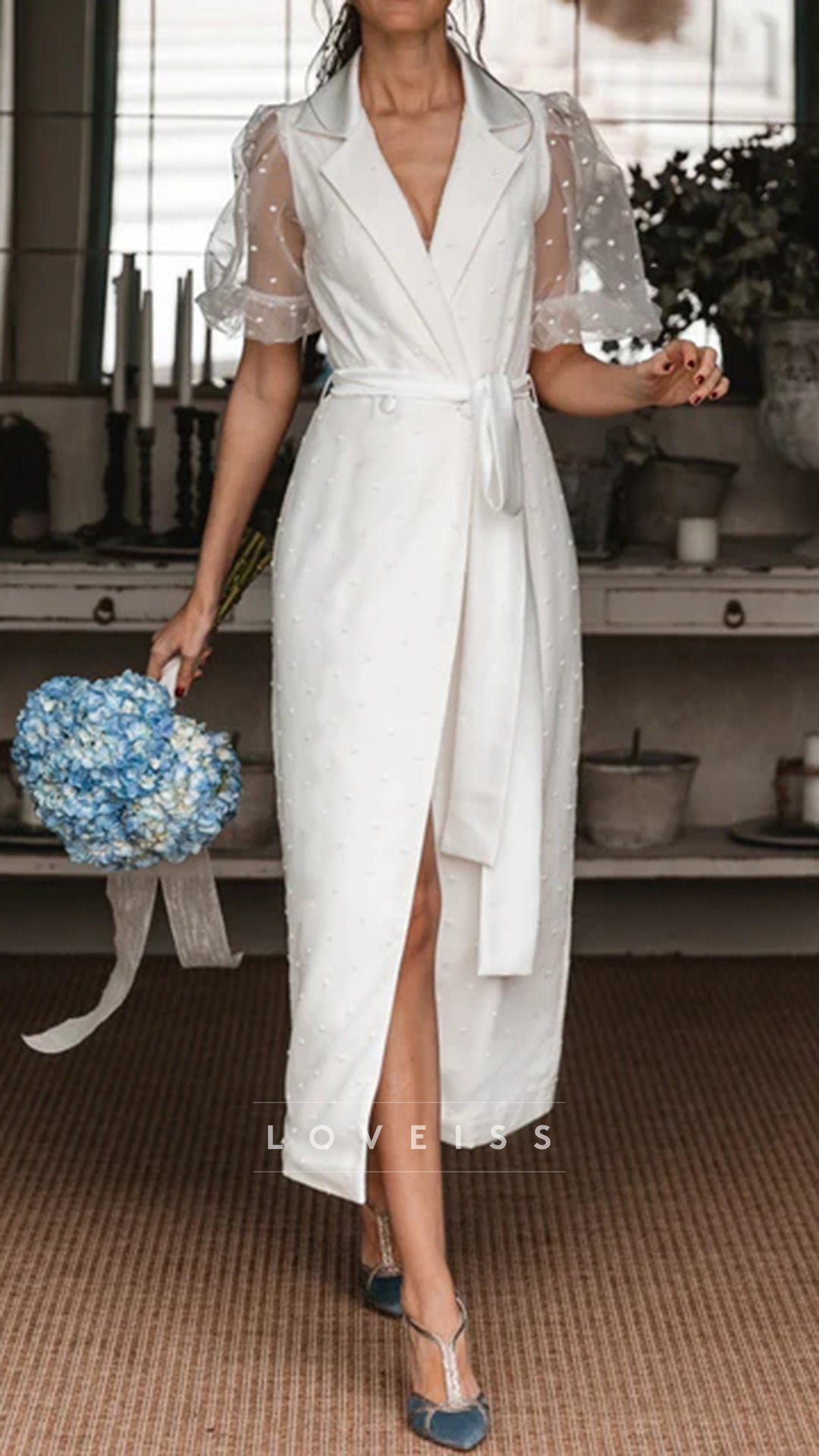 Tea Length Soft Satin Wedding Dresses Puffy Dot Tulle ZW971