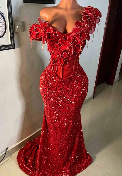 V-Neck Sleeveless Floral Embellished Sequins Mermaid Prom Dress