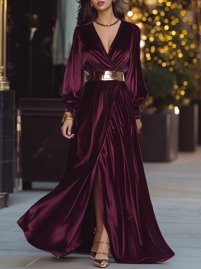 Velvet Burgundy Wrap Dress With Gold Belt