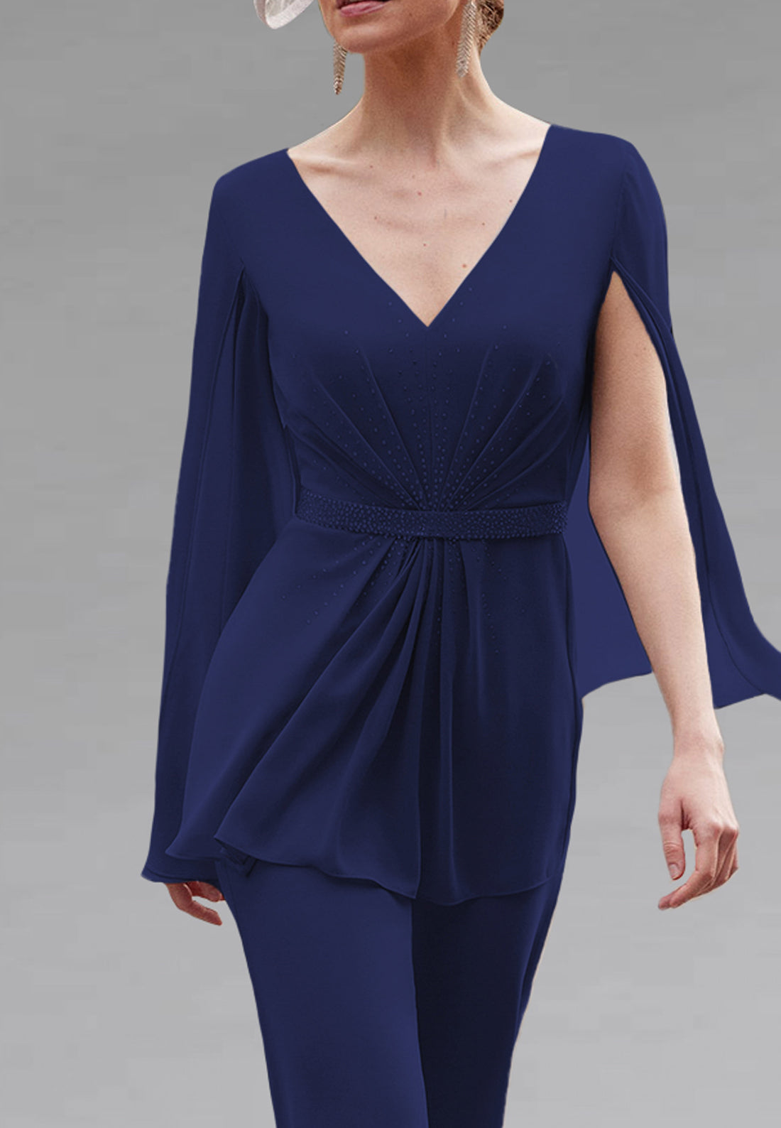 V-Neck Long Sleeves Chiffon Jumpsuit Mother of Bride Dress