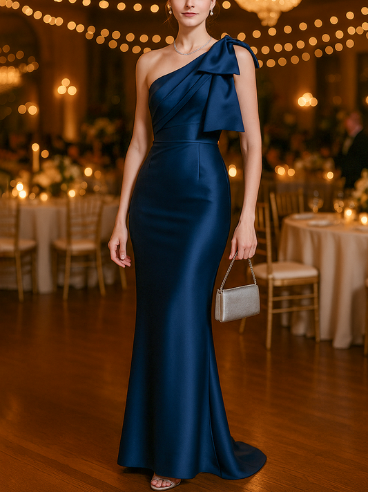 Elegant Bow Detail One-Shoulder Maxi Satin Dress
