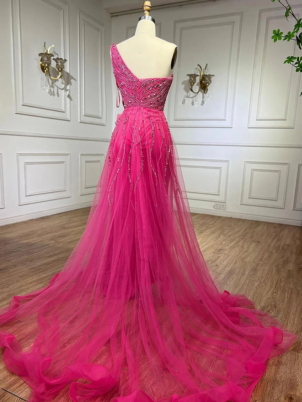 Strapless Evening Dress with High Split, Beaded Elegance