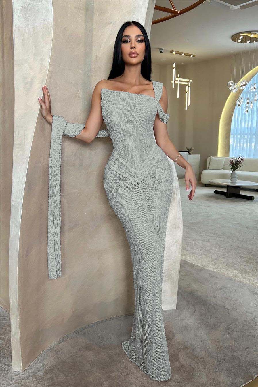 Lussooy Sage Shinning One Shoulder Sequins Sleeveless Split Prom Dress with Pleated