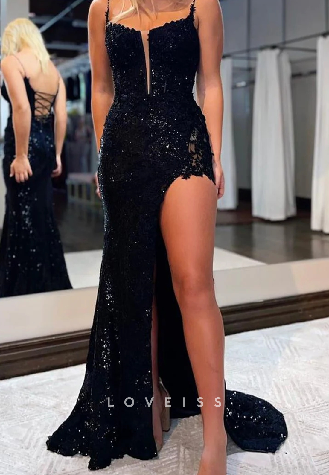 V-Neck Sleeveless Appliques High Slit Sheath Prom Dress