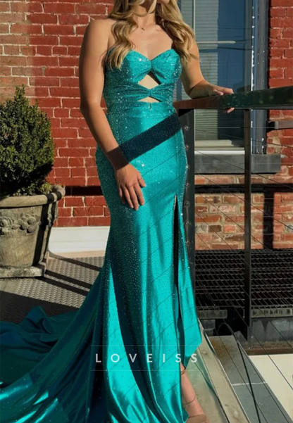 Sweetheart Strapless Illusion Beaded Sparkly Sheath Prom Dress