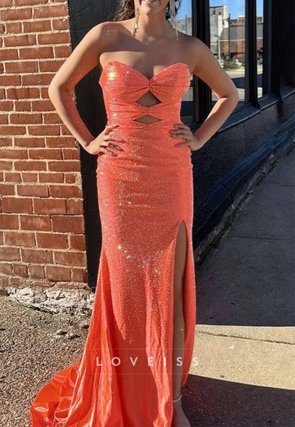 Sweetheart Strapless Illusion Beaded Sparkly Sheath Prom Dress