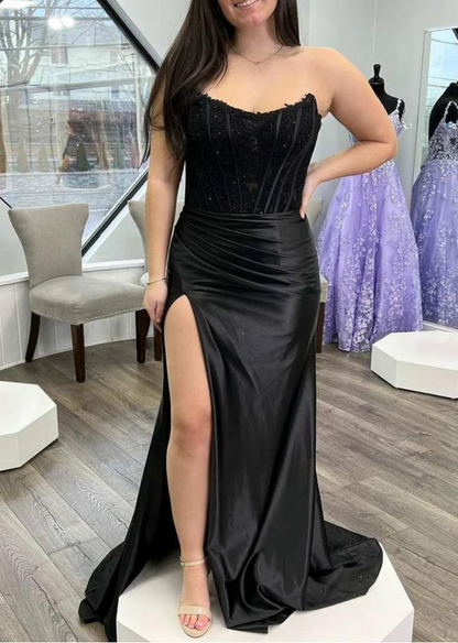 Straight Across Sleeveless Appliques Ruched Side Slit Sheath Prom Dress