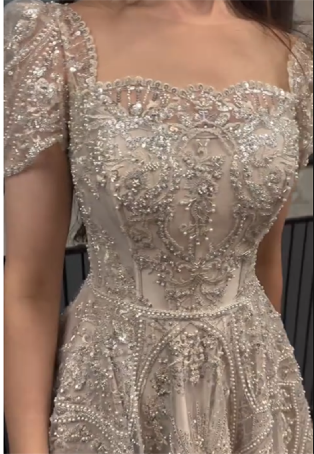 Square Short Sleeves Beaded Embroidery Sparkly A-Line Prom Evening Dress