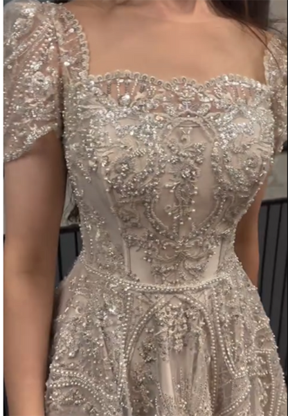 Square Short Sleeves Beaded Embroidery Sparkly A-Line Prom Evening Dress