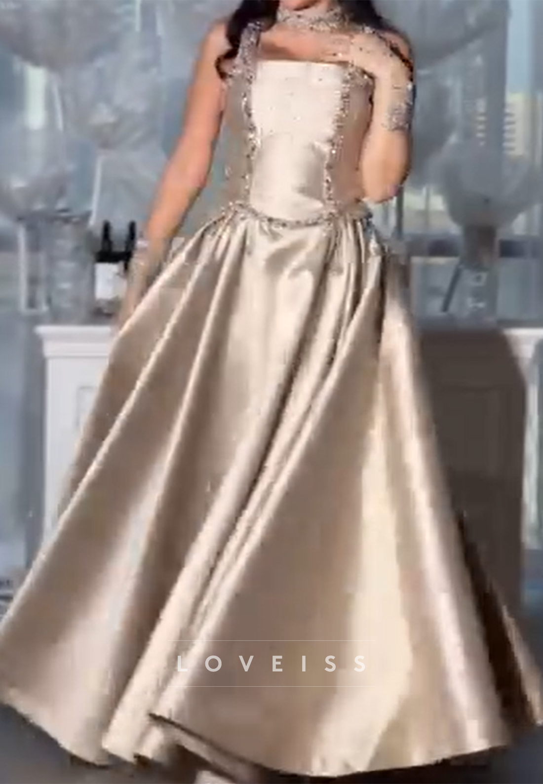 Square Straps Beaded Satin A-Line Evening Dress