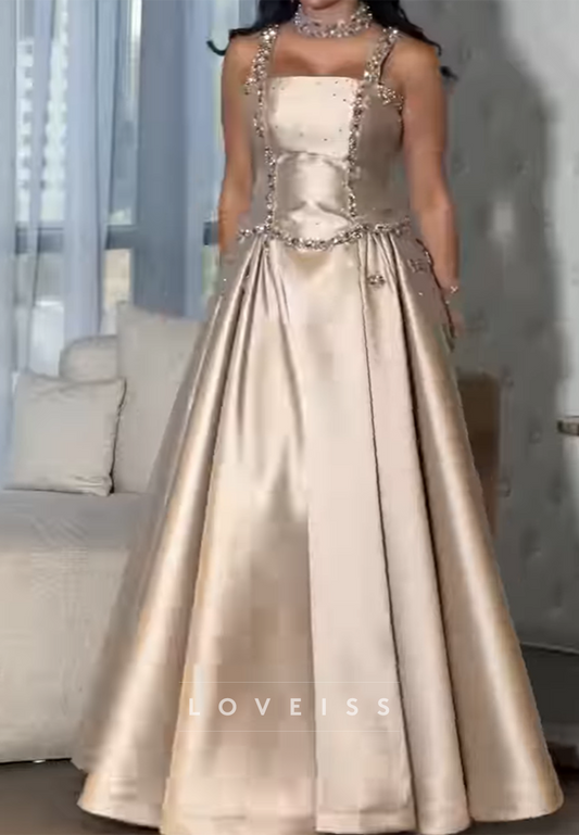 Square Straps Beaded Satin A-Line Evening Dress