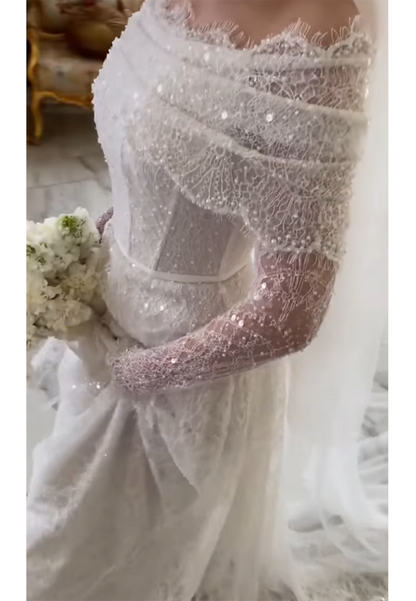 Off-Shoulder Sequins Appliques Long Sleeves A-Line Wedding Dress